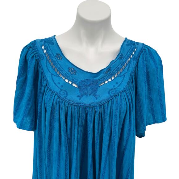 Comfort Choice Mumu House Dress SZ 1X Womens Blue Embroidered Floral 100% Cotton - Picture 2 of 9